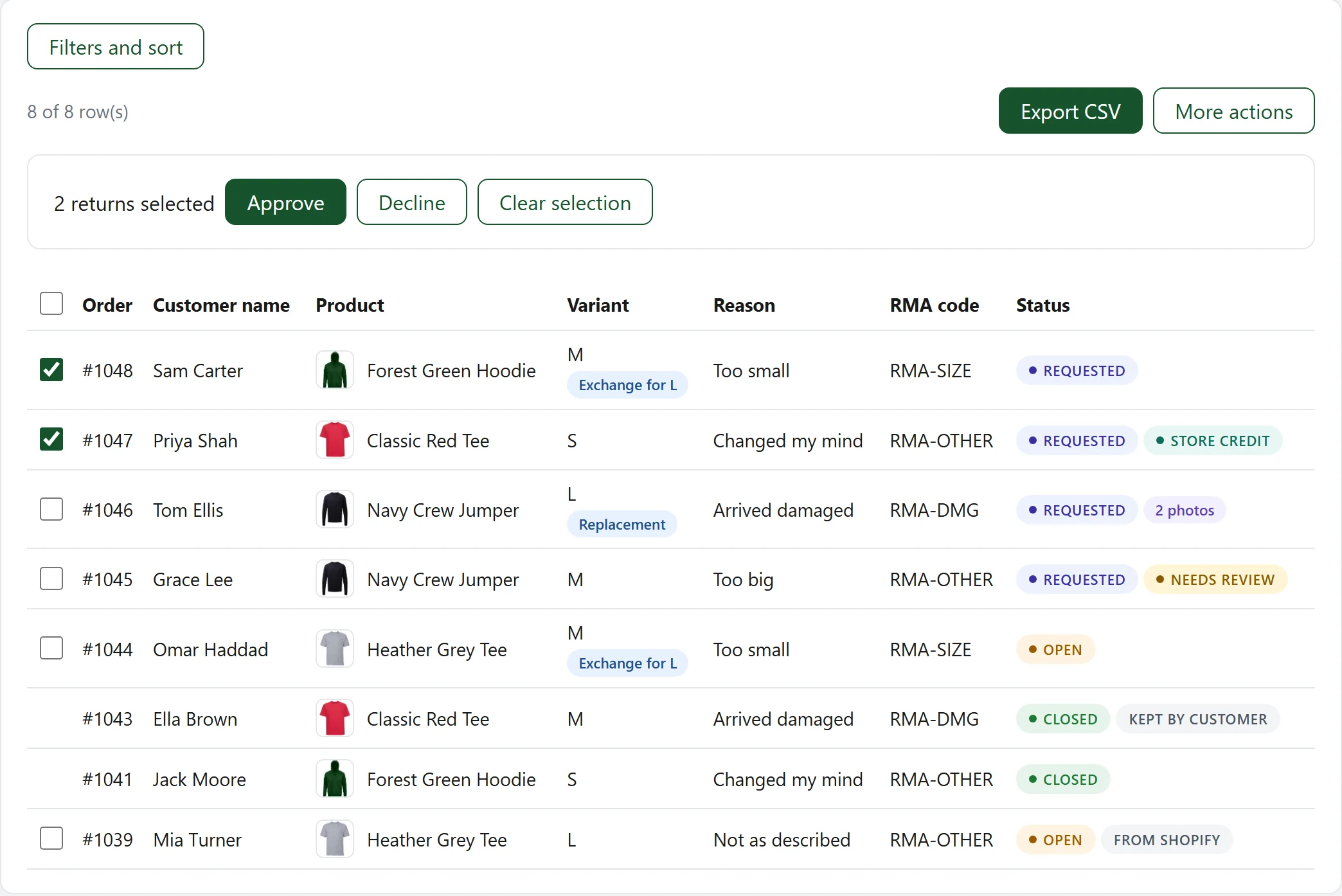 The Dashboard with two returns selected for bulk approval, and tags for exchanges, replacements, store credit and returns needing review.