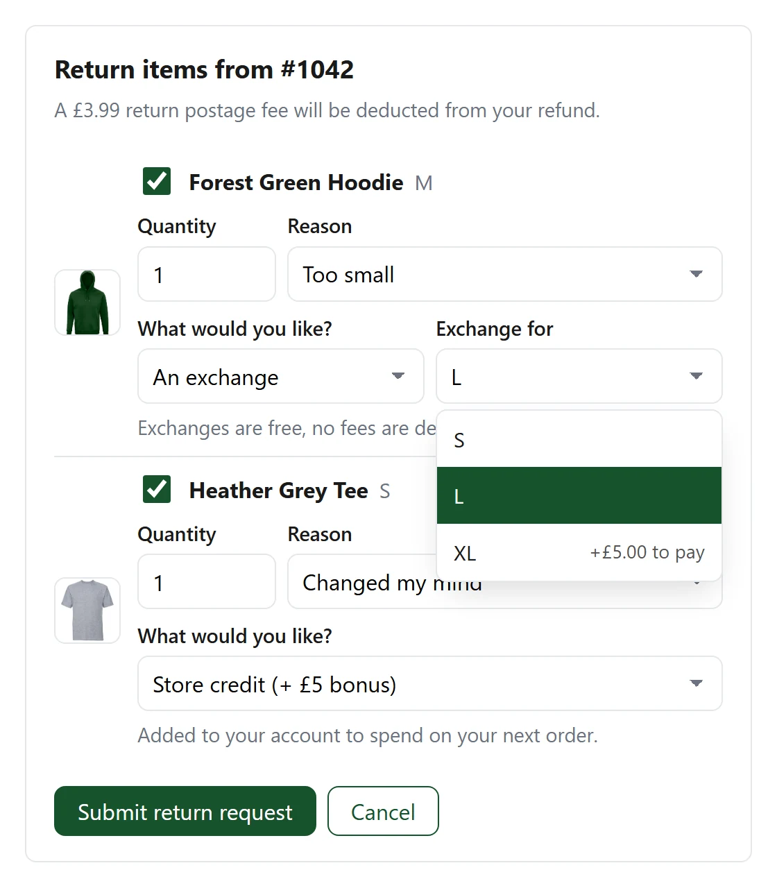 The returns page with a size exchange chosen for one item and store credit with a bonus for another.