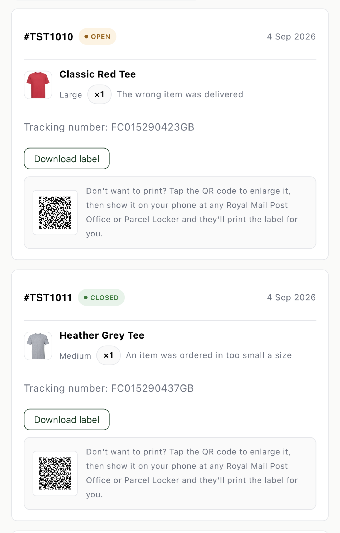 Two return requests showing a downloadable Royal Mail label and a QR code fallback for customers without a printer.