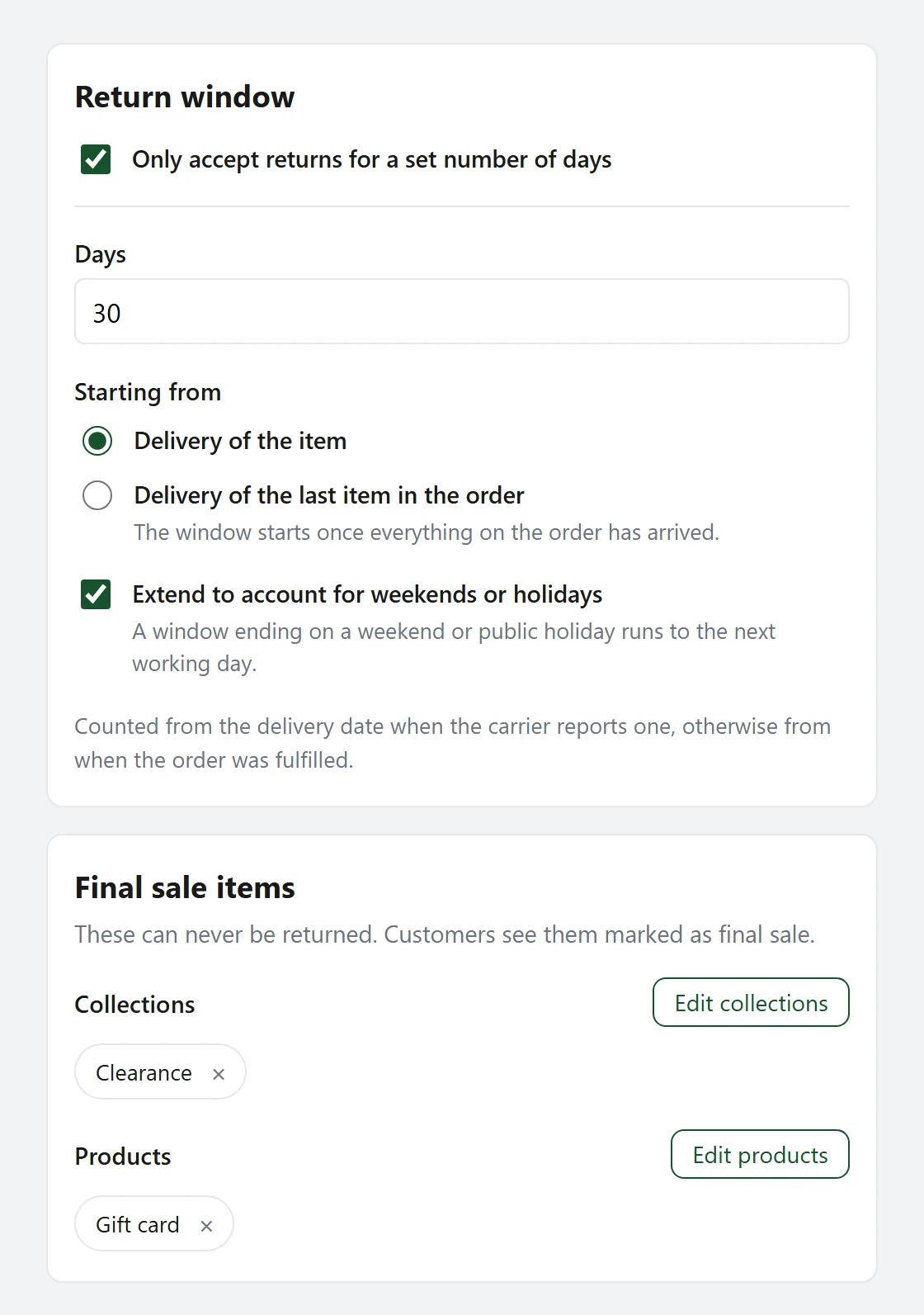 The Return rules page with a return window, start point and weekend and holiday extension.