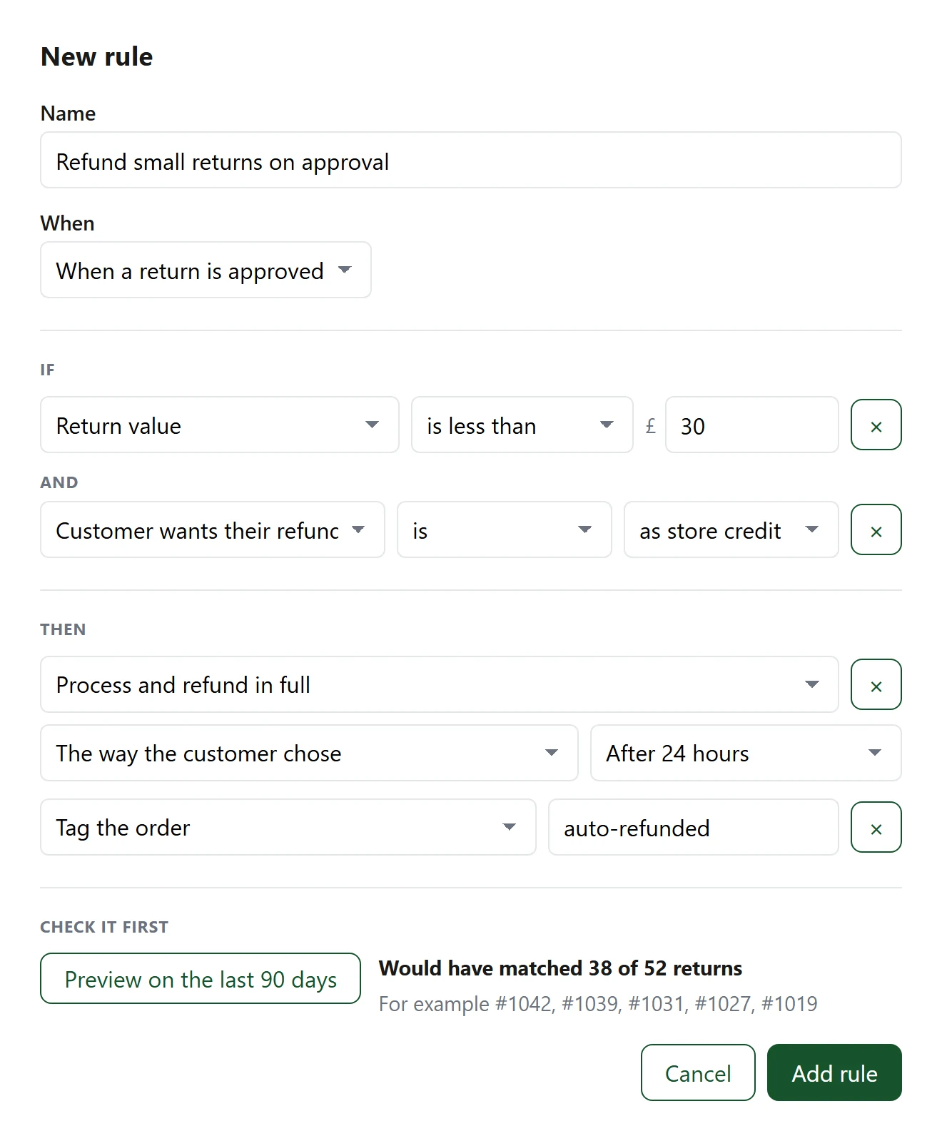 The automation rule editor with If conditions and a Then action.